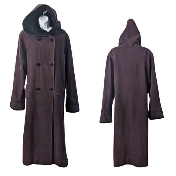 Vtg 80s BROMLEY COLLECTION Plum 100% Wool Double Breasted Hooded Long Coat Sz 12 - Picture 1 of 7